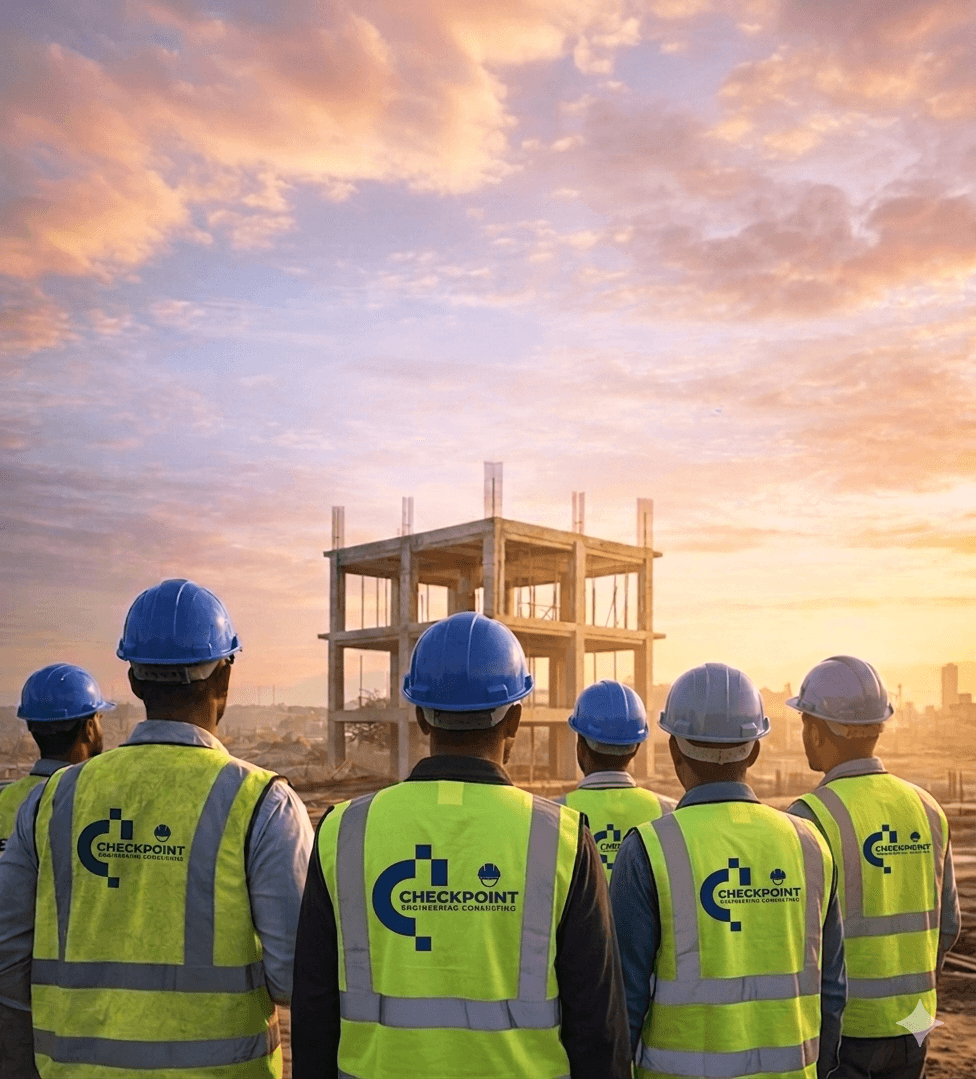 Checkpoint engineering team reviewing a construction site at sunrise